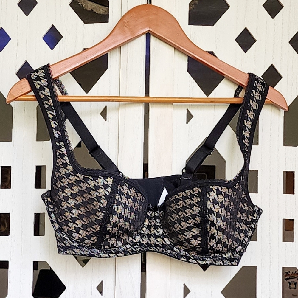 🩲 Wide Strap Demi Gingham Black and Beige Underwire Lightly Padded 36DD/36E Bra